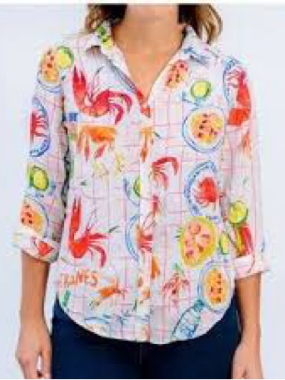 Calypso St. Barth Multicolor Linen Blend  Top with Red Shrimp Print